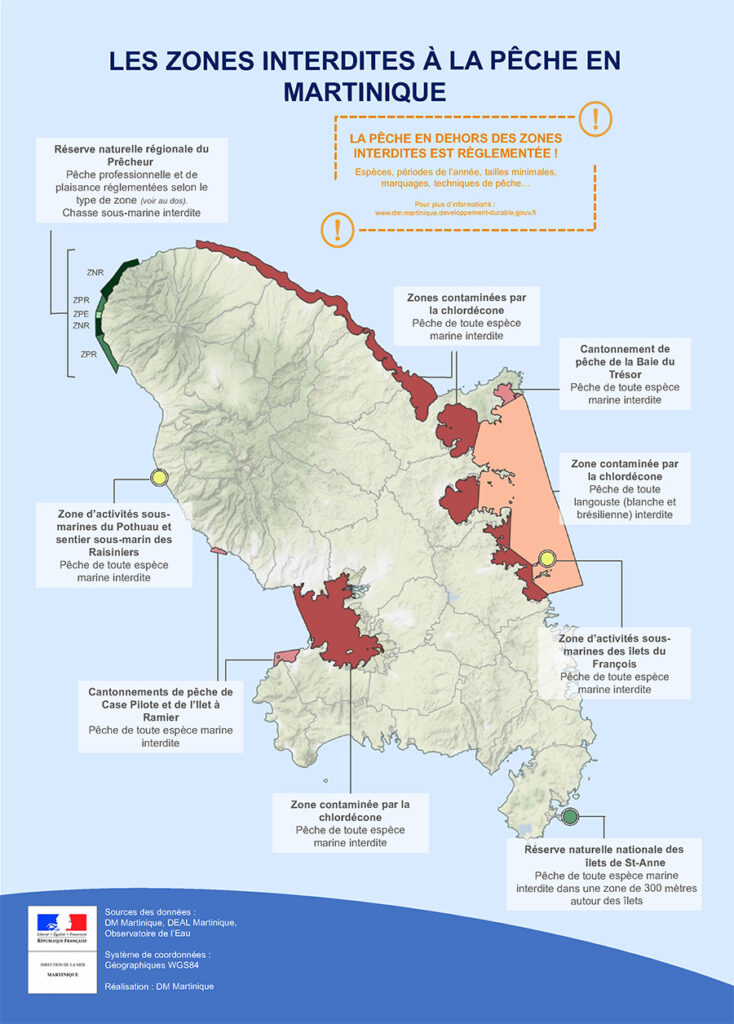 Carte de la Martinique montrant les zones d'interdictions de pêche relative au chlordécone. Carte de la DM Martinique - Agrandir l'image, fenêtre modale