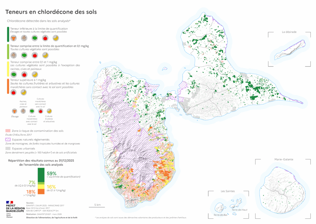 Carte de Guadeloupe indiquant les niveaux de contamination des sols par la chlordécone au 31 décembre 2025 - Agrandir l'image, fenêtre modale