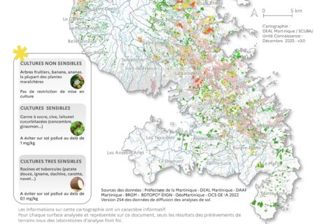 Carte de Martinique indiquant les niveaux de contamination des sols par la chlordécone au 2 aout 2025
