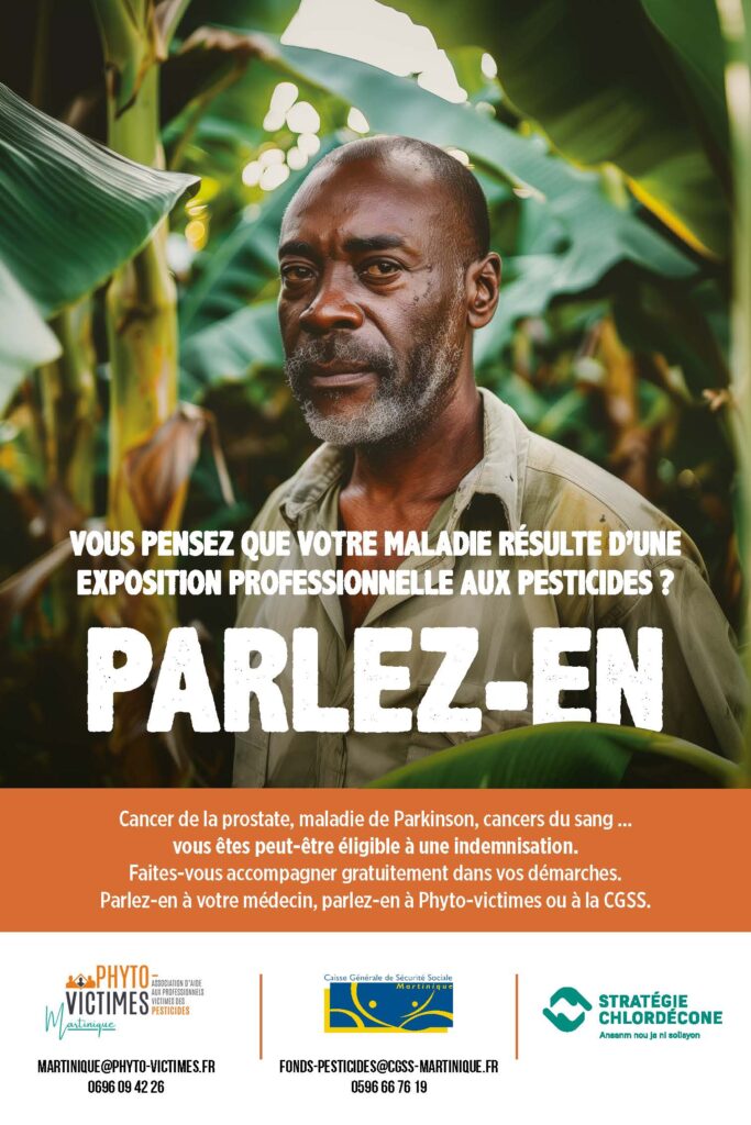 Affiche de sensibilisation sur les maladies liées à une exposition professionnelle aux pesticides, avec un homme debout dans une plantation de bananes et le message ; vous pensez que votre maladie est liée à votre exposition professionnelle aux pesticides : parlez-en - Agrandir l'image, fenêtre modale
