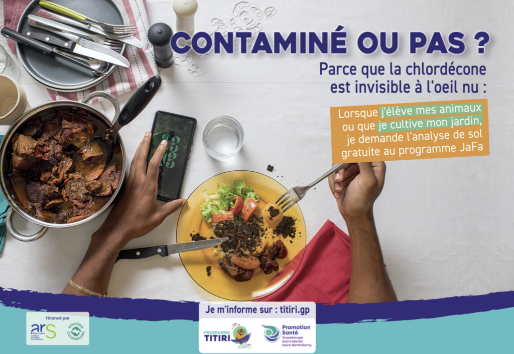 Personne à table avec plat local, téléphone à la main et message : "Lorsque j’élève mes animaux ou que je cultive mon jardin, je demande l’analyse de sol gratuite au programme JaFa." - Agrandir l'image, fenêtre modale