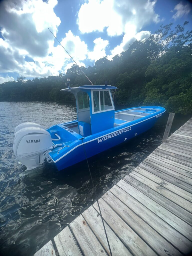 Photo d'un bateau de pêche professionnel bleu amarré sur un ponton - Agrandir l'image, fenêtre modale