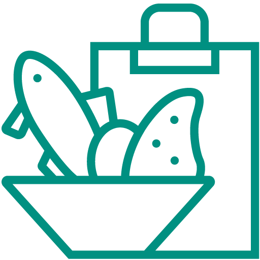 pictogramme vert représentant une assiette d'aliments locaux et les bons conseils nutrition