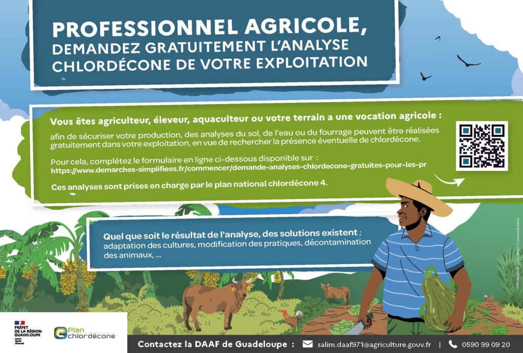 Affiche d’information sur l’analyse gratuite de chlordécone pour les exploitations agricoles en Guadeloupe. - Agrandir l'image, fenêtre modale