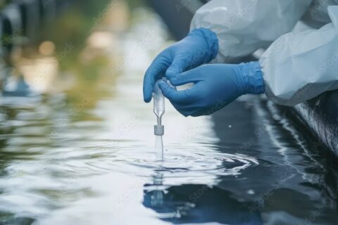 Technicien prélevant un échantillon d’eau avec une pipette, dans le cadre d’une analyse de la qualité de l’eau potable