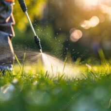 Personne pulvérisant un produit chimique sur une pelouse verte à l’aide d’un pulvérisateur manuel, en extérieur.