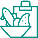 pictogramme vert représentant une assiette de plats locaux sains et des conseils nutrition