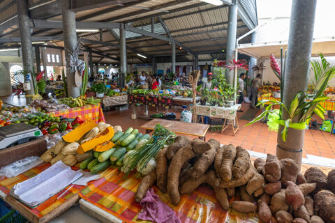 Étals de légumes tropicaux sur un marché couvert aux Antilles, avec des produits locaux comme l’igname, la patate douce et le concombre