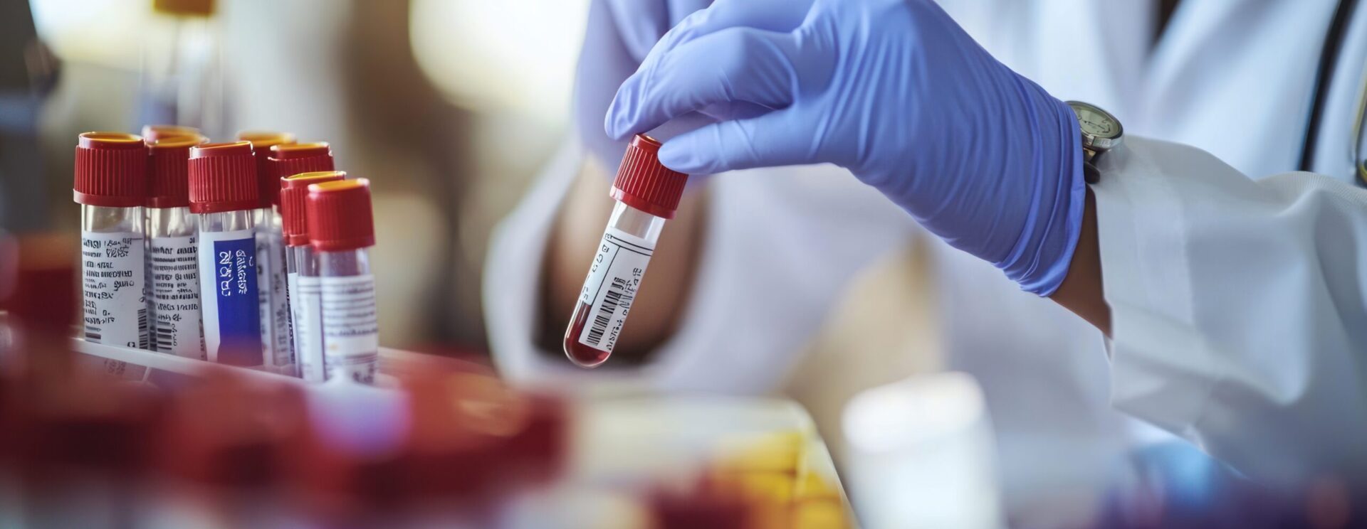 Main gantée tenant un tube de prélèvement sanguin dans un laboratoire, avec plusieurs échantillons alignés au premier plan.