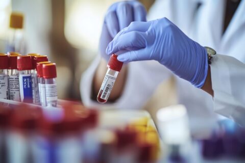 Main gantée tenant un tube de prélèvement sanguin dans un laboratoire, avec plusieurs échantillons alignés au premier plan.