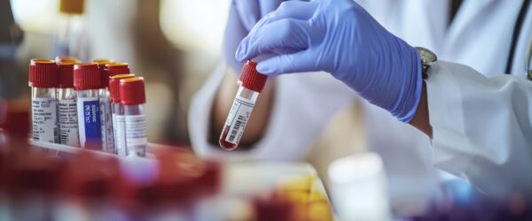 Main gantée tenant un tube de prélèvement sanguin dans un laboratoire, avec plusieurs échantillons alignés au premier plan.