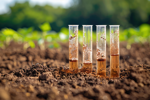 Échantillons de terre dans des tubes à essai plantés dans la terre, illustrant un diagnostic chlordécone des sols