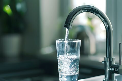 robinet servant de l'eau potable dans un verre transparent