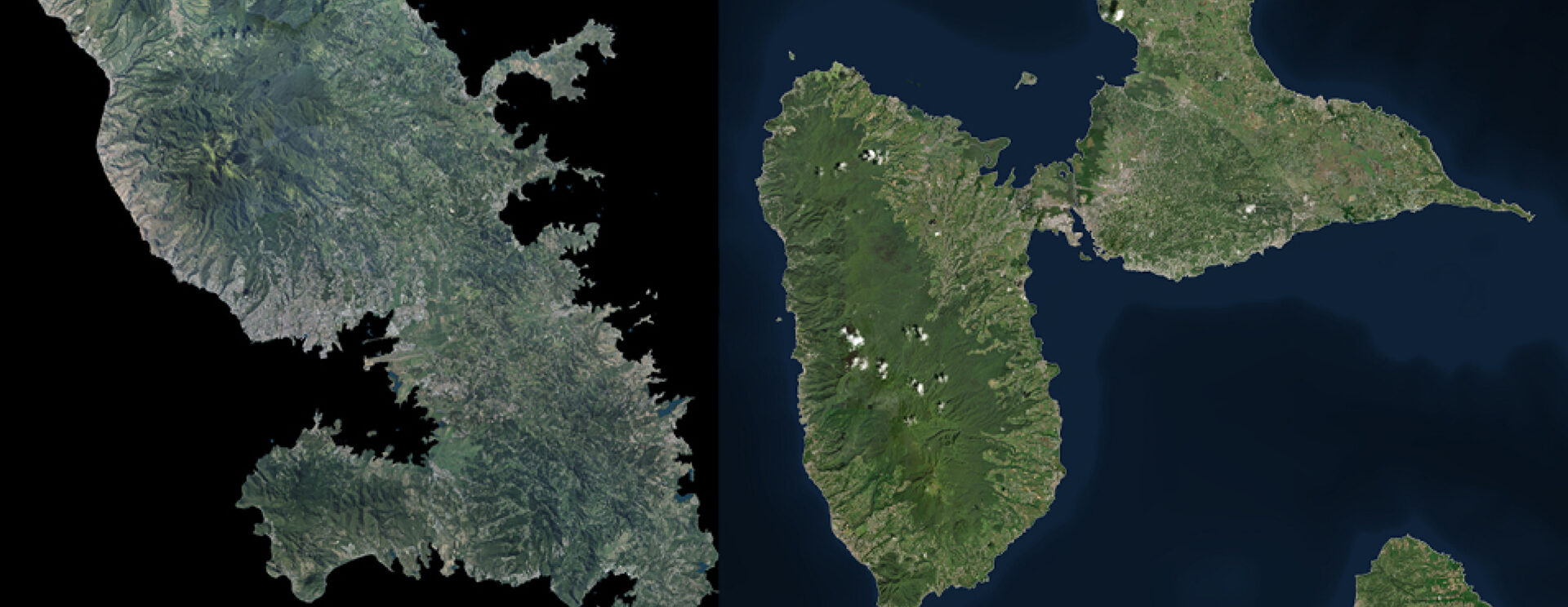 Vue satellite des îles de la Martinique (à gauche) et de la Guadeloupe avec ses dépendances (à droite), sur fond noir