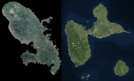 Vue satellite des îles de la Martinique (à gauche) et de la Guadeloupe avec ses dépendances (à droite), sur fond noir - Agrandir l'image, fenêtre modale