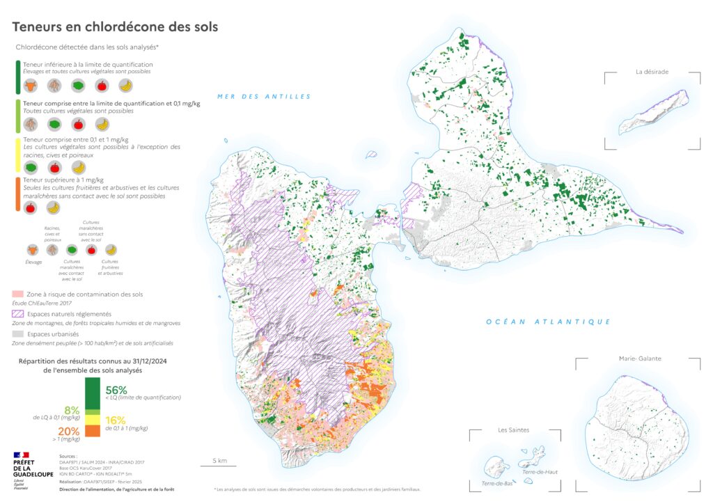 Carte de Guadeloupe indiquant les niveaux de contamination des sols par la chlordécone au 31 décembre 2024 - Agrandir l'image, fenêtre modale