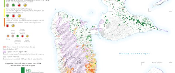 Carte de Guadeloupe indiquant les niveaux de contamination des sols par la chlordécone au 31 décembre 2024