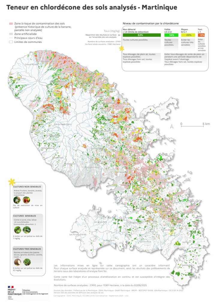Carte de Martinique indiquant les niveaux de contamination des sols par la chlordécone au 2 aout 2025 - Agrandir l'image, fenêtre modale