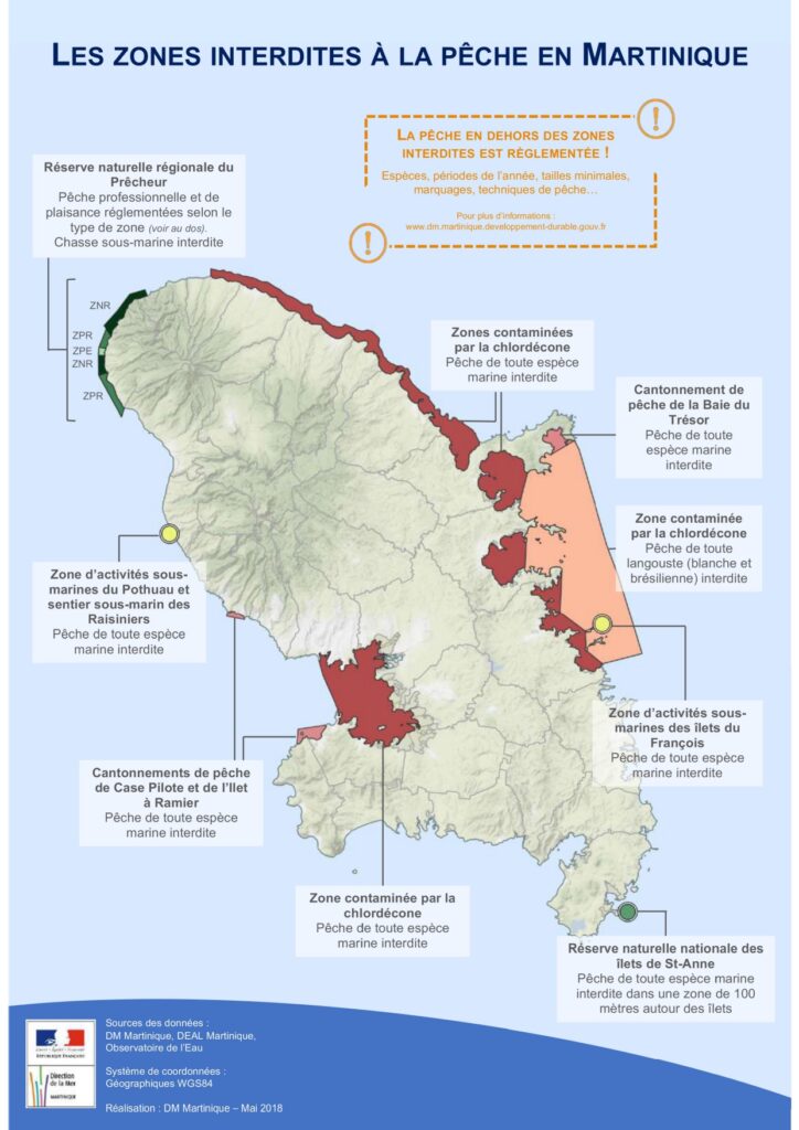 Carte de la Martinique indiquant les zones maritimes côtières interdites à la pêche en raison de la contamination à la chlordécone. - Agrandir l'image, fenêtre modale